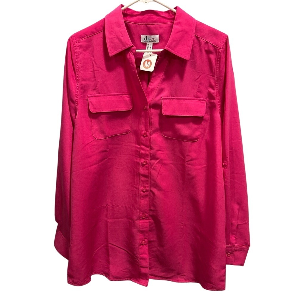 Denim & Co Hot Pink Button Down Utility Shirt Womens Medium Long Sleeve Fuchsia